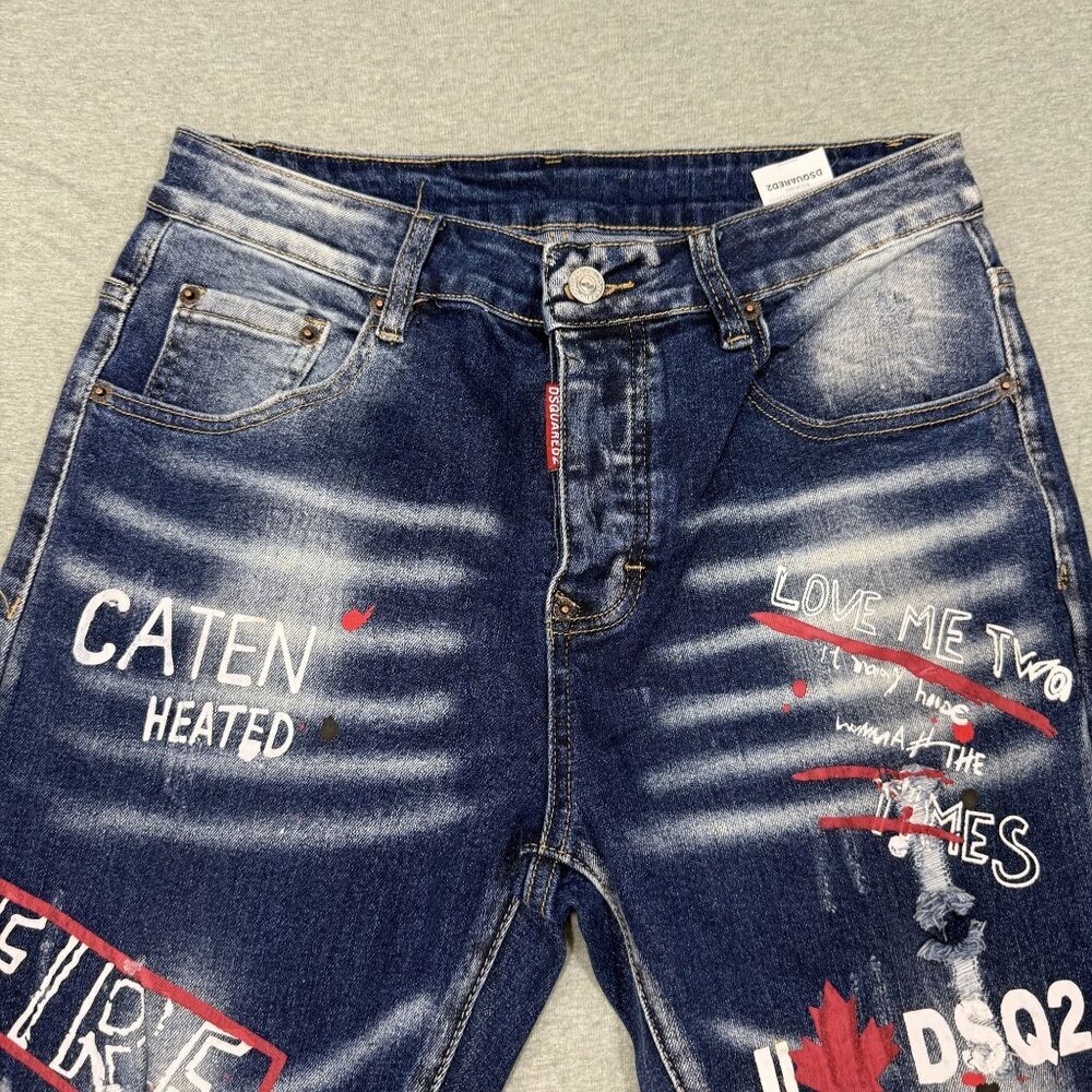 DSQUARED2 Icon All Over Print Jean Slim Distressed Paint Splatter Mens Sz 30X28 - Picture 2 of 9
